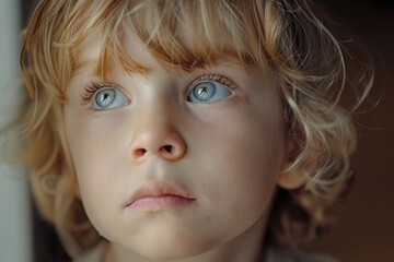 Poster - Close up of a child with striking blue eyes, perfect for emotional or family-related projects