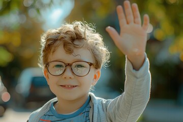 Poster - A little boy wearing glasses waving his hand, suitable for educational and friendly concepts