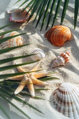 Wall Mural - Shells and palm leaves scattered on sandy beach. Perfect for tropical vacation themes