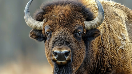 Sticker -   A tight shot of a bison's massive head, adorned with enormously curved horns, against a hazy backdrop