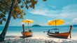 Teak steamers under yellow umbrella at a tropical beach
