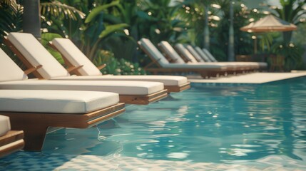 Poster - A row of lounge chairs next to a swimming pool. Perfect for travel and leisure concepts