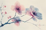 Fototapeta  - A serene watercolor of a Japanese anemone, with its simple yet striking flowers poised on tall, slender stems