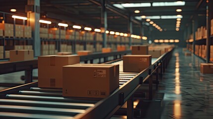 Wall Mural - boxes move seamlessly on a conveyor belt through a bustling warehouse, capturing the precision and efficiency of modern supply chain management.
