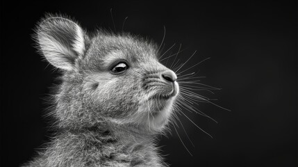 Sticker -   A black-and-white image of a baby rabbit gazing upward at the camera, expressing a sorrowful countenance