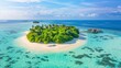 Nice tranquil Maldives island, luxury over water villas resort aerial view. Beautiful sunny sky. Sea bay lagoon beach background. Summer vacation holiday. Paradise shore exotic landscape pristine blue