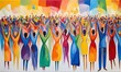 Painted illustration of a Pride parade where diverse LGBTQ+ people are having fun and dancing celebrating Pride month against a rainbow flag background. Colorful drawing of LGBT community at a party