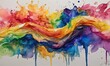 Wallpaper with vibrant watercolor abstract rainbow, symbolizing LGBTIQA+ Pride month. Background with various painted waves of the color of the LGBT rainbow with splashes and colorful paint smudges