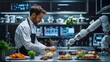 Chef Robot in Futuristic High-Tech Culinary Workspace with Minimalist Design and Data-Driven Analytics