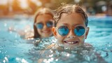 Fototapeta Przestrzenne - Cheerful Children Splashing and Playing in Refreshing Swimming Pool on Sunny Summer Day