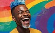A black laughing LGBTIQA+ middle-aged man with blue hair and piercing in front of a colorful rainbow LGBT flag. Smiling cheerful queer person celebrates Pride month. Wallpaper with space for text