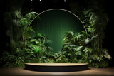 Fototapeta Perspektywa 3d - A green podium set within a tropical forest, ideal for product presentations, surrounded by lush greenery.