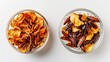Chips and Edible Insects Snack Bowls. A contemporary snack setup with a bowl of classic potato chips alongside a bowl of roasted edible insects, blending traditional and modern tastes