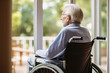 AI generated picture AI of old man sitting in a wheelchair looking outdoors on a sunny day