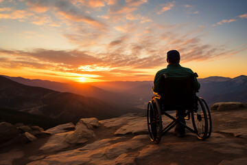 Wall Mural - Image of wheelchair user appreciating beautiful landscape adventure and exploration regardless of disability generative AI