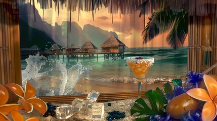 Sticker -  beach scene with cocktail in foreground, ocean view through window