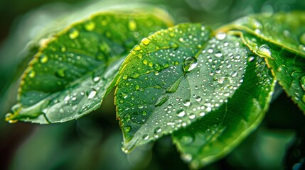 Wall Mural - Transparent drops of water dew on leaf close up.Natural background