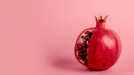 Wall Mural - Red pomegranate fruit on pastel pink background. Minimal flat la