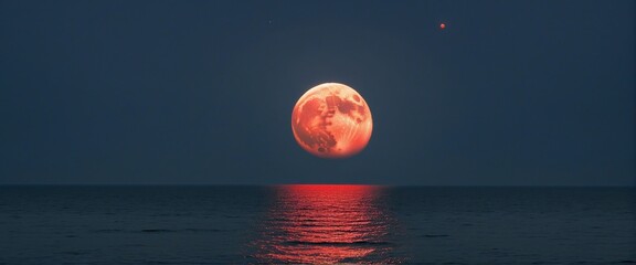 glowing bright red moon over the sea in bright colours 