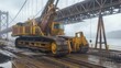 transporting large construction equipment as workers reinforce a bridge to accommodate the weight, capturing the intricate process with precision and expertise.