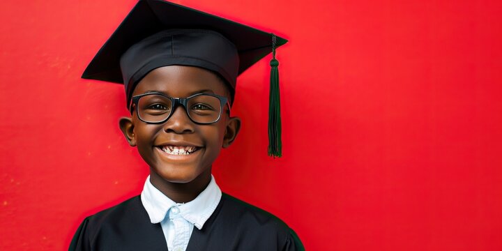 Happy Young African American Boy with Graduation Hat on a Red Background with Space for Copy