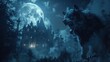A terrifying wolf under the full moonlight that illuminates a dark and eerie mysterious misty forest with a gothic palace or castle under the moon.