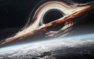 Wall Mural - 3d illustration of giant black hole near earth. high quality digital space art in 5k - realistic vis