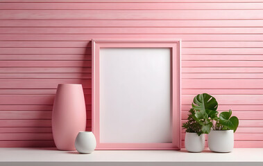 Wall Mural - Blank white frame with pink border against pink background, Empty blank photo frame mockup design