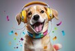 A happy puppy with colorful headphones  in bright colours 