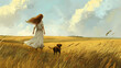 Illustration. A girl walks with a dog