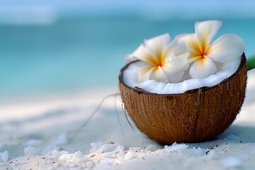 Wall Mural - White flowers are on a beach next to a coconut. The scene is peaceful and relaxing, with the ocean in the background