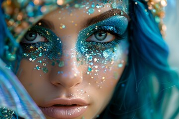 Wall Mural - Mermaid makeup, sea themed creative makeup in blue shades, beautiful woman's face