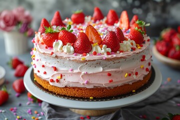 Wall Mural - Cake with strawberries and sprinkles on top. The cake is placed on a blue background