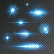 Light effects, stars burst, sparkles isolated on transparent background. Glow stage flash with rays. Vector blue spotlights set. Shine projector beams.