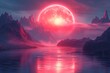 Large red moon is in the sky above a body of water. The scene is serene and peaceful, with the moon reflecting on the water's surface. The mountains in the background add to the sense of tranquility