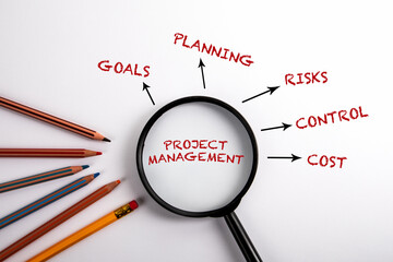 Wall Mural - project management. black magnifying glass on a white background