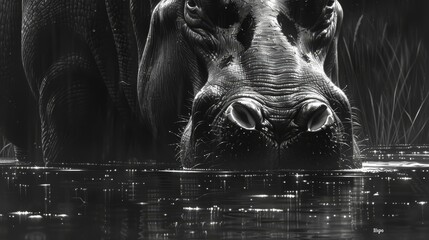 Wall Mural -   A black-and-white image of a hippo in water, head exposed above the surface