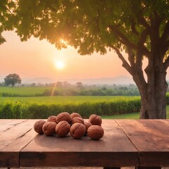 Canvas Print - Walnuts on wooden table, garden orchard background. Healthy produce, agriculture. Autumn harvesting. AI generated