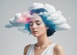 Pure mind, clear thoughts. Young calm dreaming woman with soft clouds around the head