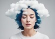 Pure mind, clear thoughts. Young calm dreaming woman with soft clouds around the head