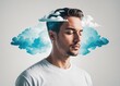 Creativity, Imagination and intelligence. Young calm man with virtual clouds around the head