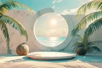 Wall Mural - 3d round stone podium for product showcase, tropical background, beach behind pedestal  