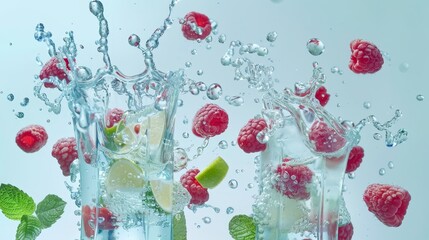 Wall Mural -   Raspberries and limes are dropping into a glass filled with ice cubes and mint