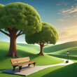 A 3D rendering of a park with two trees, a bench, and rolling green hills