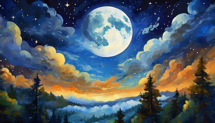 Wall Mural - a painting of a full moon in the night sky with clouds and trees in the foreground and a dark blue sky with stars and clouds in the foreground.