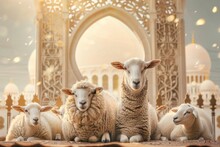 Islamic Banner With Sacrificial Animals Sheep And Goats For Eid Al-Adha Greeting Background And Copy Space - Generative Ai