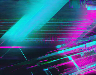 Wall Mural - Abstract blue, mint and pink background with interlaced digital glitch and distortion effect. Futuristic cyberpunk design. Retro futurism, webpunk, rave 80s 90s cyberpunk aesthetic techno neon