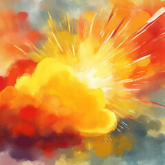 Wall Mural - an abstract painting of a yellow, orange, and red cloud with a sunburst coming out of the center.