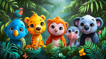 Wall Mural - Cute Cartoon Animals in Nature. Jungle Friends