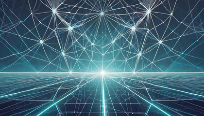 Wall Mural - blue background with glowing blue lines and white digital grid, representing technology or data visu